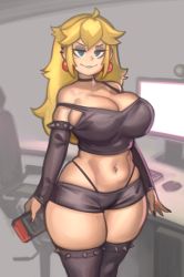 Rule 34 | 1girl, ahoge, armlet, belly, black choker, black shorts, black thighhighs, blonde hair, blue eyes, breasts, chair, choker, cleavage, commentary, contemporary, crop top, curvy, detached sleeves, ear piercing, earrings, english commentary, eyeshadow, goth fashion, grey eyeshadow, grey lips, highleg, highleg panties, highres, holding, holding phone, huge breasts, jewelry, kelvin hiu, lipstick, long hair, lowleg, lowleg shorts, makeup, mario (series), mole, mole under eye, monitor, navel, navel piercing, nintendo, no headwear, office chair, panties, phone, piercing, princess peach, short shorts, shorts, solo, spiked armlet, spiked thighlet, standing, strap slip, swivel chair, thick thighs, thighhighs, thighs, underwear, wide hips