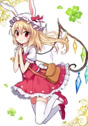 Rule 34 | 1girl, animal ears, bag, blonde hair, blush, clover, crystal, fake animal ears, flandre scarlet, four-leaf clover, full body, hat, highres, interlocked fingers, long hair, looking at viewer, mary janes, md5 mismatch, mob cap, puffy sleeves, rabbit tail, red eyes, resized, resolution mismatch, shirt, shoes, short sleeves, shoulder bag, side ponytail, skirt, skirt set, smile, solo, source larger, tail, thighhighs, touhou, vest, white background, white thighhighs, wings, yada (xxxadaman), zettai ryouiki