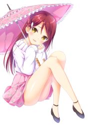 Rule 34 | 10s, 1girl, :d, brown hair, chamirai, chm (macharge), full body, hair ornament, head tilt, highres, holding, holding umbrella, long hair, looking at viewer, love live!, love live! school idol festival, love live! sunshine!!, open mouth, pink skirt, pink umbrella, pleated skirt, sakurauchi riko, shiny skin, simple background, sitting, skirt, smile, solo, sweater, umbrella, white background, white sweater, yellow eyes