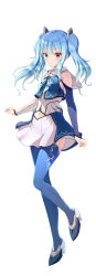 Rule 34 | 1girl, asymmetrical sleeves, bare shoulders, blue bow, blue eyes, blue hair, blue shirt, blue thighhighs, blush, bow, breasts, closed mouth, full body, heterochromia, highres, long hair, long sleeves, mismatched sleeves, original, red eyes, shirt, shoes, simple background, skirt, sleeves past wrists, small breasts, solo, standing, standing on one leg, thighhighs, twintails, white background, white footwear, white skirt, yatomi