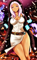 Rule 34 | 1girl, absurdres, belt, breasts, brown belt, cherry blossoms, cleavage, cleavage cutout, clothing cutout, coat, collarbone, commentary request, curvy, dark skin, dress, en&#039;en no shouboutai, female focus, fire, folding fan, from below, fur coat, grin, hanamasa ono, hand fan, hand on own stomach, hibana (enen no shouboutai), highres, holding, holding fan, large breasts, long hair, looking at viewer, open clothes, open coat, pink eyes, pink hair, side slit, smile, standing, tan, thighs, vial, white dress