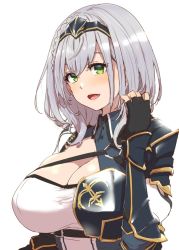 Rule 34 | 1girl, armor, black gloves, braid, breasts, buttons, circlet, clearite, cleavage, cleavage cutout, clothing cutout, fingerless gloves, gloves, gold trim, green eyes, hair between eyes, hololive, large breasts, looking at viewer, o-ring, open mouth, shirogane noel, shirogane noel (1st costume), shoulder armor, solo, tongue, virtual youtuber, white background, white hair, wrist guards