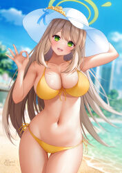 Rule 34 | 1girl, :d, arm up, bare arms, beach, belly, bikini, blue archive, blue ribbon, blue sky, blurry, blurry background, blush, breasts, brown hair, cleavage, cloud, collarbone, contrapposto, cowboy shot, day, flower, front-tie bikini top, front-tie top, green eyes, hair between eyes, halo, hand up, hat, hat flower, head tilt, highres, large breasts, light brown hair, long hair, looking at viewer, meyrink, navel, non-web source, nonomi (blue archive), ocean, ok sign, open mouth, outdoors, ribbon, sand, side-tie bikini bottom, sky, smile, standing, straight hair, sunlight, swimsuit, thigh gap, very long hair, water, white headwear, yellow bikini