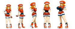 Rule 34 | 1girl, age progression, alternate breast size, ass, belt, blonde hair, boots, breast expansion, breasts, commentary, commission, cropped jacket, english commentary, green eyes, hat, highres, huge breasts, large breasts, medium breasts, mega man (series), mega man legends (series), orange footwear, orange headwear, orange shorts, roll caskett (mega man), shorts, shorts under shorts, small breasts, tomiokazchanz2023, transformation, undersized clothes