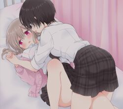 Rule 34 | 2girls, bare legs, black bow, black bowtie, blonde hair, blue eyes, blush, bow, bowtie, brown hair, brown skirt, cardigan, commentary request, hair bun, highres, holding hands, looking at another, multiple girls, on bed, open mouth, original, pillow, pink cardigan, pink curtains, pink eyes, plaid, plaid skirt, rinlaby, school uniform, shirt, short hair, skirt, tomboy, white shirt, yuri