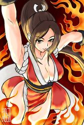Rule 34 | 1girl, bare shoulders, breasts, brown eyes, brown hair, cleavage, cowboy shot, fatal fury, fire, hand up, high ponytail, highres, looking at viewer, ninja, pelvic curtain, red background, revealing clothes, shihu zou, shiranui mai, smile, snk, snk heroines: tag team frenzy, solo, the king of fighters