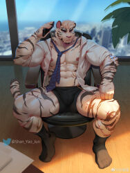 Rule 34 | 1boy, abs, absurdres, alternate costume, animal ears, arknights, bara, bare pectorals, black male underwear, black socks, boxers, bulge, chair, collared shirt, facial hair, frown, full body, furry, furry male, goatee, highres, holding, holding phone, indoors, large pectorals, looking at viewer, loose necktie, male focus, male underwear, manspreading, mountain (arknights), muscular, muscular male, necktie, nipples, no pants, office chair, on chair, open clothes, open shirt, pectorals, phone, plant, salaryman, scar, scar across eye, scar on arm, shadow, shan yao jun, shirt, short hair, sitting, sleeves rolled up, socks, solo, stomach, sunlight, swivel chair, thick eyebrows, thick thighs, thighs, tiger boy, tiger ears, underwear, v-taper, white hair