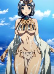 Rule 34 | 10s, 1girl, absurdres, bare shoulders, black hair, blue eyes, blush, bracelet, breasts, cloud, cloudy sky, cowboy shot, cropped legs, crown, curvy, earrings, female focus, highres, jewelry, large breasts, light smile, loincloth, looking at viewer, lots of jewelry, menace (queen&#039;s blade), navel, outdoors, queen&#039;s blade, queen&#039;s blade rebellion, queen&#039;s blade vanquished queens, screencap, short hair, sky, smile, solo, standing, stitched, third-party edit, underboob, underwear, wet, wet clothes