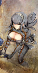Rule 34 | 1girl, black hair, breasts, capcom, cleavage, cleavage cutout, clothing cutout, gypceros (armor), hairband, kizuki aruchu, large breasts, long hair, monster hunter (series), pteruges, red eyes, solo