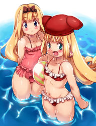 Rule 34 | 2girls, :d, ball, beachball, bikini, blonde hair, blue eyes, bow, breasts, brown bow, collarbone, crea rosenqueen, earrings, flipped hair, hair bow, hat, jewelry, kururu (little princess), little princess, long hair, looking at viewer, marl kingdom, multiple girls, navel, one-piece swimsuit, open mouth, partially submerged, pink one-piece swimsuit, red bikini, red hat, small breasts, smile, swimsuit, wading, water, wet, yu 3