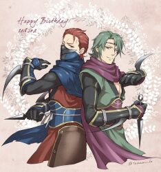 Rule 34 | armor, back-to-back, brothers, closed mouth, fire emblem, fire emblem fates, green hair, holding, holding knife, japanese armor, japanese clothes, kaze (fire emblem), knife, looking at viewer, ninja, nintendo, one eye closed, red eyes, red hair, saizo (fire emblem), scar, scar across eye, siblings, tamami if
