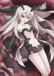Rule 34 | 10s, 1girl, abyssal ship, anchorage princess, bad id, bad pixiv id, black dress, breasts, clothing cutout, dress, elbow gloves, gloves, glowing, kantai collection, long hair, navel cutout, pale skin, personification, red eyes, rusha, rusha (r style), short dress, showgirl skirt, silver hair, small breasts, solo, strapless, underboob
