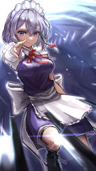 Rule 34 | 1girl, absurdres, apron, arm behind back, boots, bow, braid, breasts, closed mouth, commentary, cross-laced footwear, crossed bangs, dot nose, forehead, grey hair, hair between eyes, hair bow, hair ornament, highres, izayoi sakuya, knee up, knife, light smile, looking at viewer, maid apron, maid headdress, nail polish, outstretched arm, purple eyes, red bow, red nails, red ribbon, ribbon, short sleeves, solo, split mouth, thigh strap, throwing knife, touhou, twin braids, v-shaped eyebrows, weapon, white apron, zoe (z o e 7)