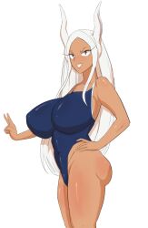 1girl boku_no_hero_academia breasts dark-skinned_female dark_skin huge_breasts long_hair mirko nexxu one-piece_swimsuit rabbit_ears rabbit_tail swimsuit v white_hair