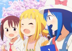 Rule 34 | 10s, 3girls, :d, akamatsu yui, aoyama kotoha (mitsuboshi colors), blonde hair, blue hair, blue sky, blush, bow, brown eyes, brown hair, closed eyes, cloud, commentary request, day, dbmaster, flower, hair bobbles, hair ornament, hat, hat bow, high ponytail, highres, holding, hood, hood down, hoodie, jacket, kise saki, long hair, low ponytail, mitsuboshi colors, multiple girls, open clothes, open hoodie, open jacket, open mouth, outdoors, petals, pink bow, pink flower, pink shirt, ponytail, shirt, side ponytail, sky, smile, white hat, white hoodie, white jacket, white shirt