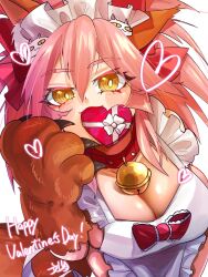 Rule 34 | 1girl, @ @, animal ear fluff, animal ears, animal hands, apron, bell, blush stickers, breasts, cat hair ornament, cat paws, cleavage, collar, fate/grand order, fate (series), fox ears, fox girl, fox tail, fumizuki kazuhito, gift, gloves, hair ornament, happy valentine, heart, highres, holding, holding gift, jingle bell, large breasts, looking at viewer, maid headdress, naked apron, neck bell, paw gloves, pink hair, ponytail, solo, tail, tamamo (fate), tamamo cat (fate), tamamo cat (third ascension) (fate), valentine