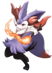 Rule 34 | :3, alternate color, animal ear fluff, animal ears, arm up, armpits, artist name, blush, braixen, closed mouth, creatures (company), female focus, fire, fire, fox ears, fox girl, fox tail, full body, furry, furry female, game freak, gen 6 pokemon, hand up, happy, highres, holding, holding stick, ikei, jpeg artifacts, leg up, looking at viewer, nintendo, pokemon, pokemon (creature), purple fur, red eyes, shiny pokemon, signature, simple background, smile, solo, standing, standing on one leg, stick, tail, toes, white background