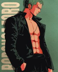 Rule 34 | 1boy, abs, alternate costume, black eyes, black shirt, character name, closed mouth, commentary, english commentary, green hair, hand in pocket, highres, long sleeves, male focus, one piece, open clothes, open shirt, prenkuchan, roronoa zoro, scar, scar on chest, shirt, short hair, solo