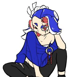 Rule 34 | 1girl, adjusting hair, androgynous, bare arms, bare shoulders, black pants, blue hair, boffix, chest sarashi, clothing cutout, collarbone, earrings, elbow rest, eyeliner, hachimaki, hand in own hair, headband, highres, jewelry, knee up, long hair, looking at viewer, makeup, midriff, multiple earrings, nejiri hachimaki, nintendo, octoling, pants, poncho, red eyeliner, red eyes, sarashi, scar, scar across eye, shiver (splatoon), sitting, solo, splatoon (series), splatoon 3, squatting, suction cups, tentacle hair, thigh cutout, tongue, tongue out, tooth earrings, tucking hair