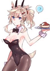 Rule 34 | 1girl, ?, alternate costume, animal ears, arknights, arm up, armpits, backless leotard, bare shoulders, black bow, black leotard, blonde hair, blue eyes, blush, bow, bowtie, breasts, brown pantyhose, cleavage, collar, collarbone, commentary request, contrapposto, cowboy shot, detached collar, earthspirit (arknights), goat ears, goat girl, goat horns, goat tail, hair between eyes, hair ornament, hairclip, highres, holding, holding tray, horns, leotard, light frown, long hair, looking at viewer, medium breasts, naoi retsu, nipple slip, nipples, pantyhose, playboy bunny, side ponytail, sidelocks, simple background, solo, spoken question mark, tray, white background, white collar, white wrist cuffs, wrist cuffs