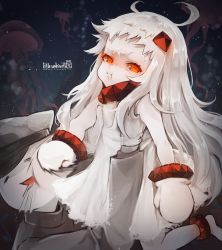 Rule 34 | 1boy, 1girl, abyssal ship, admiral (kancolle), anger vein, carrying, closed mouth, colored skin, dress, face punch, gloves, glowing, glowing eyes, hair ornament, hat, highres, in the face, jellyfish, kantai collection, long hair, long sleeves, mittens, northern ocean princess, pale skin, punching, red eyes, ruohire9, scowl, sleeveless, sleeveless dress, twitter username, white dress, white gloves, white hair, white mittens, white skin