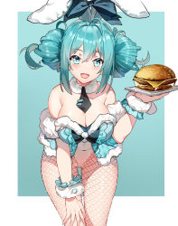 Rule 34 | 1girl, :d, absurdres, animal ears, arm cuffs, bare shoulders, bicute bunnies miku, black necktie, blue bow, blue eyes, blue hair, blue vest, blush, bow, breasts, burger, cleavage, commentary, cowboy shot, double bun, ear bow, fake animal ears, fishnet pantyhose, fishnets, food, fur-trimmed vest, fur collar, fur trim, hair between eyes, hair bun, hand on own thigh, hatsune miku, highres, holding, holding plate, large breasts, leaning forward, leotard, long hair, necktie, open mouth, pantyhose, plate, playboy bunny, rabbit ears, sidelocks, smile, solo, standing, two-tone background, vest, vierzeck, vocaloid, wrist cuffs