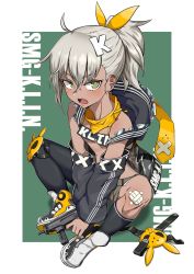 Rule 34 | 1girl, ahoge, asymmetrical legwear, between legs, black footwear, black jacket, black sleeves, black socks, boots, brown shorts, character name, commentary request, dark-skinned female, dark skin, detached sleeves, fangs, finger on trigger, girls&#039; frontline, green background, green eyes, gun, hair between eyes, hair ornament, hair ribbon, hand between legs, high ponytail, highres, holding, holding gun, holding weapon, jacket, klin (girls&#039; frontline), kneehighs, long sleeves, micro shorts, name connection, object namesake, open clothes, open jacket, open mouth, orange pupils, ponytail, pp-91 kedr, puffy long sleeves, puffy sleeves, ribbon, see-through, short shorts, shorts, silver hair, single kneehigh, single sock, single thighhigh, sitting, sleeveless, sleeveless jacket, socks, solo, submachine gun, thighhighs, two-tone background, ubo (dbsgurdbsk), uneven legwear, v-shaped eyebrows, weapon, weapon request, white background, yellow ribbon