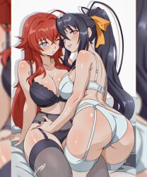 2girls ahoge ass black_bra black_garter_belt black_hair black_panties blue_eyes blush bow bow_bra bra breasts cleavage clenched_teeth closed_mouth collarbone commentary english_commentary forehead-to-forehead garter_belt hair_ribbon hand_on_another&#039;s_thigh hashtag-only_commentary heads_together high_school_dxd highres himejima_akeno kneeling large_breasts leg_between_thighs long_hair looking_at_another looking_at_viewer looking_back multiple_girls one_eye_closed panties ponytail purple_eyes red_hair rias_gremory ribbon signature sitting teeth thighs underwear underwear_only very_long_hair vizaz white_bra white_garter_belt white_panties yellow_ribbon yuri