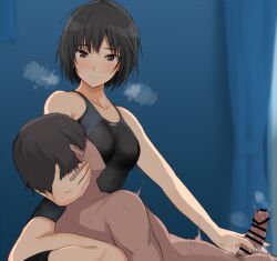 Rule 34 | 1boy, 1girl, amagami, bar censor, bare shoulders, black hair, black one-piece swimsuit, blue background, blue one-piece swimsuit, blurry, blurry background, blush, breast sucking, breasts, breath, brown eyes, censored, closed mouth, clothed female nude male, collarbone, commentary, competition swimsuit, completely nude, curtains, hair strand, hand on another&#039;s neck, hand on another&#039;s penis, handjob, hetero, lap pillow, light smile, looking at another, lying, medium breasts, mobu, nanasaki ai, nude, nursing handjob, one-piece swimsuit, penis, revision, short hair, sitting, smile, socks, spasm, swimsuit, two-tone swimsuit, yokozuwari