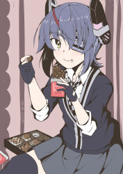 Rule 34 | 1girl, :t, aged down, black cardigan, black gloves, black skirt, black thighhighs, box, box of chocolates, candy, cardigan, checkered necktie, chocolate, chocolate bar, commentary, eating, eyepatch, food, gloves, headgear, highres, kantai collection, necktie, partially fingerless gloves, pleated skirt, purple hair, school uniform, short hair, sitting, skirt, solo, taira yuuki, tenryuu (kancolle), thighhighs, yellow eyes