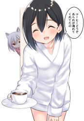 Rule 34 | 2girls, :d, ^ ^, animal ears, black hair, blush, closed eyes, coffee, collarbone, commentary request, cowboy shot, cup, fox ears, hair between eyes, highres, holding, holding saucer, hood, hood down, hoodie, leaning forward, long sleeves, looking at viewer, multiple girls, open mouth, original, peeking out, pink hoodie, red eyes, saucer, silver hair, smile, solo focus, steam, suzunari arare, suzunari shizuku, sweater, teacup, translation request, white background, white sweater, yuki arare
