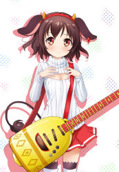 Rule 34 | 10s, 1girl, abe kanari, animal ears, black hair, black thighhighs, blush, boots, breasts, brown eyes, brown hair, cleavage, cleavage cutout, clothing cutout, cow ears, cow tail, cowboy shot, earrings, fake horns, gem, guitar, hairband, halftone, halftone background, hands on own chest, highres, holmy (show by rock!!), horns, instrument, jewelry, light smile, long sleeves, looking at viewer, meme attire, miniskirt, open-chest sweater, pleated skirt, red eyes, red skirt, ribbed sweater, shadow, short hair, show by rock!!, single earring, skirt, small breasts, smile, solo, standing, sweater, tail, thigh boots, thighhighs, turtleneck, white background, white thighhighs, zettai ryouiki