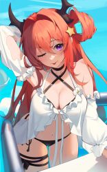 Rule 34 | 1girl, absurdres, arknights, arm behind head, arm up, armpits, bare shoulders, bikini, black bikini, black choker, breasts, center opening, choker, cleavage, criss-cross halter, demon horns, detached sleeves, front-tie top, hair intakes, hair ornament, hair rings, halterneck, highres, horns, ildanbaggobwa, large breasts, leaning forward, long hair, long sleeves, looking at viewer, navel, official alternate costume, one eye closed, purple eyes, red hair, side-tie bikini bottom, solo, standing, star (symbol), star hair ornament, stomach, string bikini, surtr (arknights), surtr (colorful wonderland) (arknights), swimsuit, thigh strap, thighs, tongue, tongue out, torn clothes, torn sleeves, very long hair, white bikini