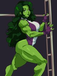 Rule 34 | 1girl, animification, breasts, colored skin, commission, dlusionalx, fingerless gloves, from side, gloves, green hair, green lips, green skin, hair behind ear, highres, ladder, leotard, long hair, looking at viewer, marvel, medium breasts, muscular, muscular female, purple gloves, purple leotard, she-hulk, smile, solo, superhero costume, thick lips