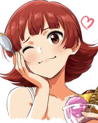 Rule 34 | 1girl, :3, bare shoulders, blush, brown eyes, brown hair, chocolate, closed mouth, collarbone, cup, food, hand on own face, hand up, heart, highres, holding, holding cup, holding spoon, ice cream, idolmaster, idolmaster million live!, idolmaster million live! theater days, looking at viewer, nagami tami, nonohara akane, one eye closed, portrait, pudding, short hair, simple background, smile, solo, spoon, white background
