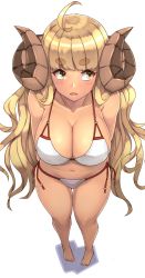 Rule 34 | 10s, 1girl, :o, ahoge, alternate costume, anila (granblue fantasy), arms behind back, bare arms, bare legs, bare shoulders, barefoot, bikini, blonde hair, blunt bangs, blush, breasts, cleavage, collarbone, draph, eyebrows, foreshortening, from above, full body, granblue fantasy, highres, horns, large breasts, long hair, looking to the side, michihasu, navel, open mouth, perspective, red ribbon, ribbon, side-tie bikini bottom, simple background, solo, standing, stomach, swimsuit, tan, thick eyebrows, thigh gap, very long hair, wavy hair, white background, white bikini, yellow eyes