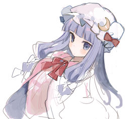 Rule 34 | 1girl, bad id, bad pixiv id, blunt bangs, blush, bow, closed mouth, crescent, crescent pin, dress, hat, hat bow, hat pin, ikeuchi tanuma, long hair, looking at viewer, mob cap, neck ribbon, patchouli knowledge, purple eyes, purple hair, red bow, red ribbon, ribbon, simple background, sketch, solo, touhou, white background, white hat