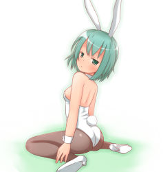 1girl a-ktoo animal_ears ass breasts detached_collar fake_animal_ears female_focus green_eyes green_hair highres long_hair original outline pantyhose playboy_bunny rabbit_ears rabbit_tail short_hair sitting small_breasts solo tail wariza white_background wrist_cuffs