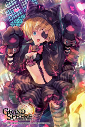 Rule 34 | 1girl, :o, animal hands, black hat, black skirt, blonde hair, blue eyes, breasts, cat tail, dutch angle, eyepatch, gloves, grand sphere, halloween, hat, heart, hood, indoors, midriff, mini hat, navel, official art, ooyama hirota, paw gloves, skirt, small breasts, solo, standing, striped clothes, striped gloves, striped thighhighs, tail, thighhighs, watermark