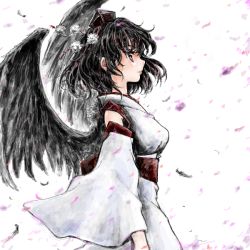 Rule 34 | 1girl, bird wings, black hair, breasts, cherry blossoms, detached sleeves, feathers, female focus, hat, japanese clothes, lips, looking away, nanashii (soregasisan), obi, parted lips, pom pom (clothes), profile, red eyes, sash, shameimaru aya, short hair, simple background, smile, solo, tokin hat, touhou, white background, wide sleeves, wind, wings
