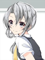 Rule 34 | 1girl, black vest, blush, closed mouth, from side, grey eyes, hair between eyes, hikobae, kantai collection, looking to the side, necktie, nowaki (kancolle), shirt, short hair with long locks, short sleeves, silver hair, single sidelock, smile, solo, tareme, teeth, two-tone background, upper teeth only, vest, white shirt, yellow necktie