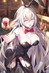 Rule 34 | 1girl, alcohol, animal ears, arm garter, bar (place), black leotard, blurry, blurry background, blush, bow, bowtie, breasts, chain, cleavage, coattails, cup, fake animal ears, fate/grand order, fate (series), garter straps, glint, hair between eyes, hand on own hip, highres, holding, holding tray, indoors, jeanne d&#039;arc (fate), jeanne d&#039;arc alter (avenger) (fate), jeanne d&#039;arc alter (fate), lace, lace-trimmed legwear, lace trim, large breasts, leaning forward, leotard, long hair, looking at viewer, open mouth, playboy bunny, rabbit ears, red bow, red bowtie, rin yuu, see-through, sidelocks, signature, silver hair, solo, thighhighs, tray, tsurime, wrist cuffs, yellow eyes