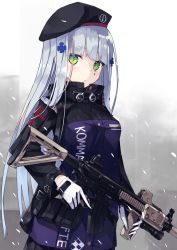 Rule 34 | 1girl, assault rifle, beret, blunt bangs, blush, breasts, clothes writing, commentary request, cross, facial mark, girls&#039; frontline, gloves, green eyes, gun, h&amp;k hk416, hair ornament, hat, heckler &amp; koch, hk416 (girls&#039; frontline), holding, holding gun, holding weapon, iron cross, long hair, looking at viewer, md5 mismatch, medium breasts, military, military uniform, nagishiro mito, open mouth, parted lips, resolution mismatch, rifle, sidelocks, silver hair, skirt, snow, snowing, solo, source larger, standing, teardrop, trigger discipline, uniform, weapon, white gloves, wind