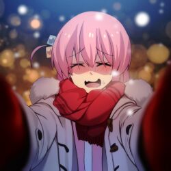 Rule 34 | 1girl, blush, bocchi the rock!, facing viewer, gloves, gotoh hitori, hair ornament, highres, hinghoi, jacket, meme, nervous smile, open mouth, pink hair, pov, pov cheek warming (meme), red gloves, red scarf, scarf, smile, solo, sweatdrop, upper body, wavy mouth