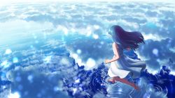 Rule 34 | 1girl, bare shoulders, barefoot, blue hair, blue theme, blunt bangs, bubble, cloud, cloudy sky, commentary request, dress, facing away, from above, from behind, long hair, ocean, original, outdoors, reflection, ripples, running, sky, sleeveless, sleeveless dress, solo, splashing, sundress, waves, white dress, yue (tada no saboten)