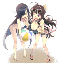 Rule 34 | 10s, 2girls, :d, :o, ahoge, ball, beachball, bikini, black hair, bow, bracelet, breasts, cleavage, commentary request, double v, eyes visible through hair, eyewear on head, frilled bikini, frills, full body, glasses, hair bow, hair over one eye, hayashimo (kancolle), hidori (hibi toridori), jewelry, kantai collection, large breasts, leaning forward, multicolored hair, multiple girls, naganami (kancolle), one eye closed, open mouth, pigeon-toed, pink hair, purple eyes, side-tie bikini bottom, smile, standing, sunglasses, swimsuit, two-tone hair, v, white background, yellow eyes