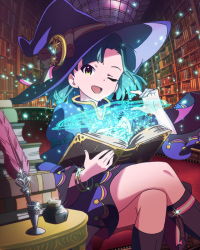 Rule 34 | 10s, 1girl, ;d, blue hair, book, bookshelf, bracelet, hat, idolmaster, idolmaster million live!, inkwell, jewelry, crossed legs, looking at viewer, magic, magic circle, nanao yuriko, official art, one eye closed, open mouth, quill, sitting, skirt, smile, sparkle, wink, witch hat, yellow eyes