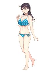 Rule 34 | 1girl, ahoge, alternate costume, bare arms, bare legs, bare shoulders, barefoot, bikini, black hair, breasts, brown eyes, cleavage, collarbone, commentary request, full body, groin, highres, kantai collection, large breasts, navel, open mouth, polka dot, polka dot bikini, polka dot swimsuit, side-tie bikini bottom, simple background, solo, standing, string bikini, swimsuit, ushio (kancolle), white background, yuuji (and)