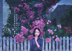 Rule 34 | 1girl, black hair, blouse, blue shirt, collared shirt, commentary request, covered mouth, falling leaves, fence, flower, gemi, head tilt, leaf, looking at viewer, original, outdoors, pink flower, pink rose, plant, purple eyes, purple flower, purple rose, red flower, red rose, rose, shirt, solo