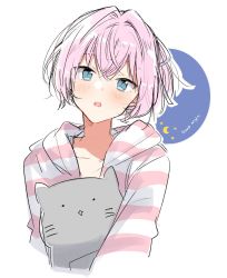 Rule 34 | 1girl, blue eyes, blush, crescent moon, cropped torso, english text, hair ribbon, hood, hood down, hoodie, kantai collection, moon, open mouth, pajamas, pink hair, ponytail, ribbon, shiranui (kancolle), simple background, solo, star (symbol), striped clothes, striped hoodie, stuffed animal, stuffed cat, stuffed toy, takeshima eku, upper body, white background